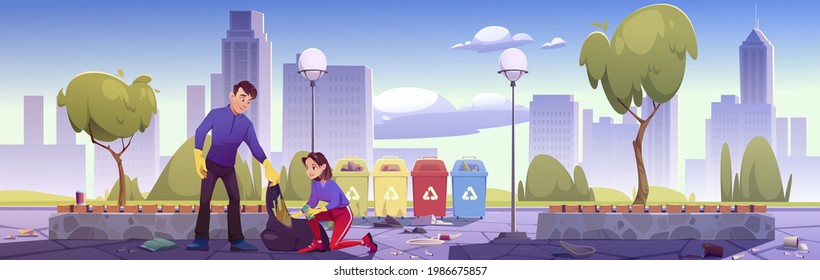 People clean up city park. Man and woman collect garbage in public garden and put to recycling containers. Polluted urban area with wastes lying on ground under trees, Cartoon vector illustration