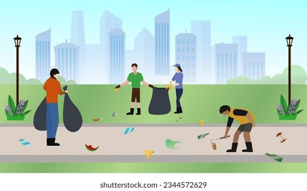 la gente limpia la ilustración del vector del parque de la ciudad, voluntarios limpiando el parque de la ciudad de basura y desperdicios, concepto de sitio web de parques sucios