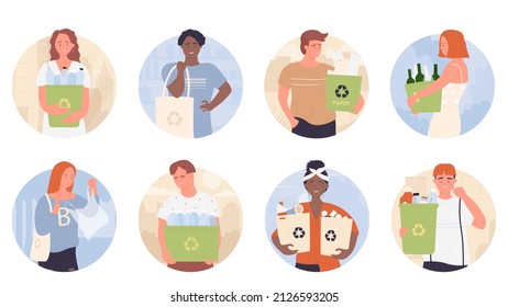 People clean environment from garbage, hold trash containers in round avatar set vector illustration. Cartoon woman carrying eco shopping bag, man holding dustbin for sorting. Recycle waste concept