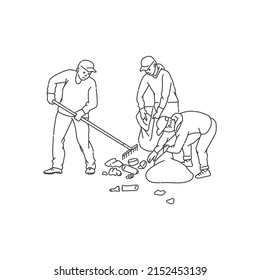 la gente limpia el medio ambiente de la basura y coloca los desechos en bolsas. Ilustración de la línea de doodle blanco negro vectorial para resolver problemas ambientales.