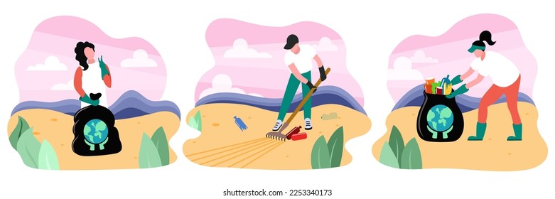 People clean garbage on beach. Characters cleaning toxic waste. Volunteers clean up plastic trach. Save ecology and environment protection concept. Vector illustration