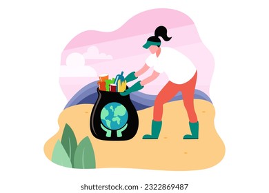 People clean garbage on beach. Characters cleaning toxic waste. Female in protective clothes and gloves holding bag with trash, helping to clean environment. Flat vector illustration