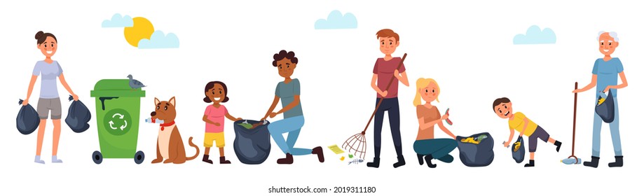 La gente limpia la basura. Padres y niños recogiendo basura y recogiendo basura plástica. Familia trabajando juntos. Ilustración vectorial.