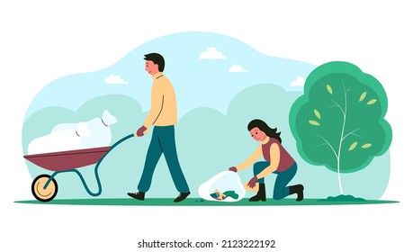 People clean up garbage in the park in nature. A man drives a wheelbarrow, a woman collects waste in a bag. Caring for cleanliness and ecology. Vector flat illustration