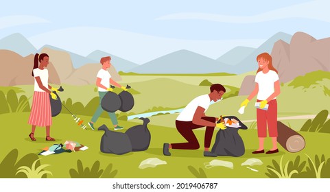 People clean green summer park, care nature environment, collect trash in plastic bags