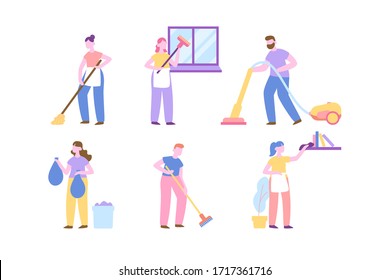 People Clean Up House Set. Floor And Window Washing, Taking Out Trash, Using A Vacuum. Housekeeping Team, Female Janitor Work. Professional Cleanup Service For Home And Hotel. Vector Illustration 