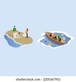 People clean the ocean of garbage 3d isometric vector illustration concept for banner, website, landing page, ads, flyer template