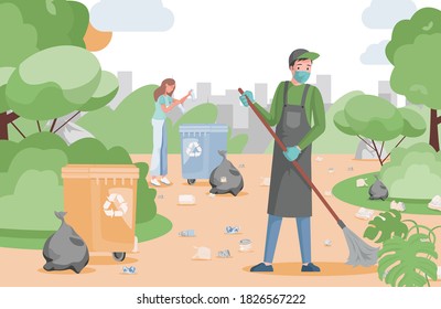 People clean park, collect and sort garbage vector flat illustration. Man and woman taking care of planet, gathering waste in containers. Eco-friendly lifestyle, ecology protection concept.