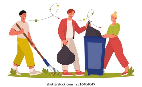 La gente limpia el concepto de parque. Hombres y mujeres recogen basura y la ponen en un contenedor. Activistas y voluntarios. El cuidado de la naturaleza y el medio ambiente, reduciendo las emisiones. Dibujo vectorial plano de dibujos animados