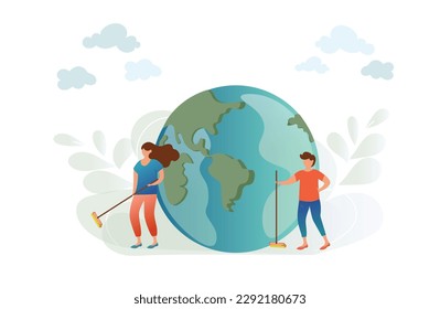 People clean up the planet and take care of it Earth day concept. Illustration of the green planet earth on a white background. Environment day, environmental protection and save earth water