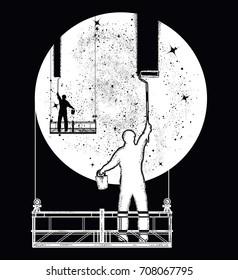 People clean Universe, workers washing windows t-shirt design. Symbol of clarification, psychology, creative art 