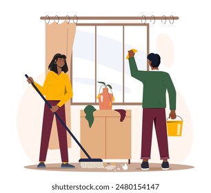 People cleaning apartment. Man and woman with cleaning detergents indoors. Hygiene and household chores. People wash floor and window. Cartoon flat vector illustration isolated on white background