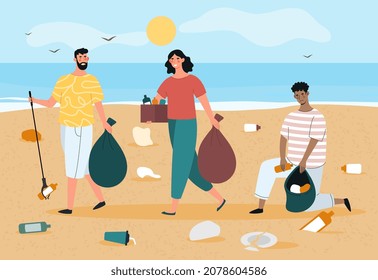People cleaning beach. Characters cleaning up trash. Group of friends with bags picks up bottles and pieces of paper. Caring for nature, ecology, biology, activists. Cartoon flat vector illustration