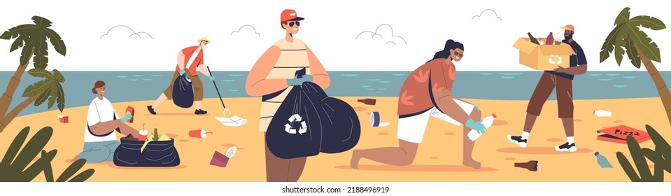 People cleaning beach. Group of volunteers cleanup sand at seaside together from waste and litter, pickup rubbish. Environment protection and ecology concept. Cartoon flat vector illustration