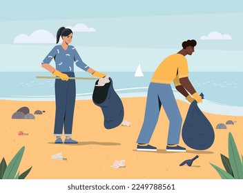 Gente limpiando la playa. Hombre y mujer recogen basura en bolsas. Activistas ecológicos y voluntarios al aire libre, preocupación por la naturaleza y el medio ambiente, concepto de sociedad responsable. Dibujo vectorial plano de dibujos animados