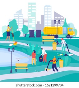 People cleaning city park, cartoon characters vector illustration. Environment volunteers and maintenance service workers. Men and women collecting trash in park, environment activists work together