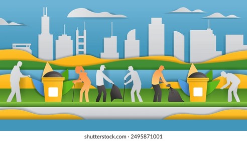 People cleaning city park environment teamwork. Silhouettes of individuals picking up trash with cityscape background colorful landscape and bins. Paper cut style