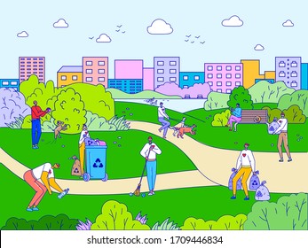 People cleaning city park, volunteers cartoon characters collecting garbage, vector illustration. Environment activists, men and women clean trash in town park, happy ecology volunteers work together