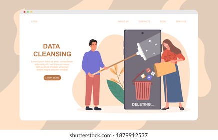 People cleaning data on smartphone. Concept of data and cache cleansing to reduce lagging and slow performance. Website, web page, landing page template. Flat cartoon vector illustration