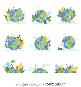 People Cleaning the Earth Planet and Collecting Plastic Waste Set, Volunteers Taking Care About Planet Ecology, Environment, Nature Protection Flat Vector Illustration