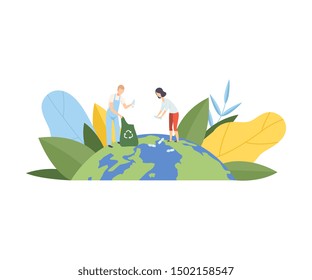 People Cleaning the Earth Planet From Plastic Waste, Volunteers Taking Care About Planet Ecology, Environment, Nature Protection Flat Vector Illustration