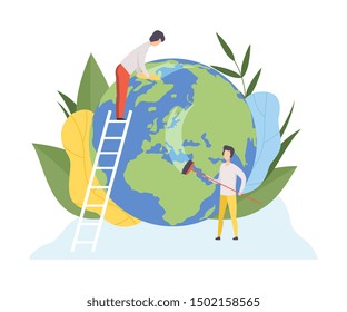 People Cleaning the Earth Planet with Tools, Volunteers Taking Care About Planet Ecology, Environment, Nature Protection Flat Vector Illustration