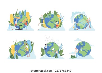 Personas limpiando el planeta Tierra con herramientas de limpieza. Voluntarios cuidando del planeta. Protección de la naturaleza y la ecología. Ilustración vectorial del concepto del Día de la Tierra