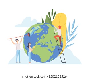 People Cleaning the Earth Planet, Volunteers Taking Care About Planet Ecology, Environment, Nature Protection Flat Vector Illustration