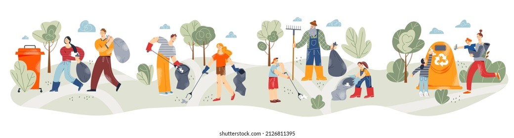 People cleaning environment, collecting garbage in containers with recycle sign vector illustration. Cartoon woman, man and kids clean parks and streets, cleanup with volunteer characters