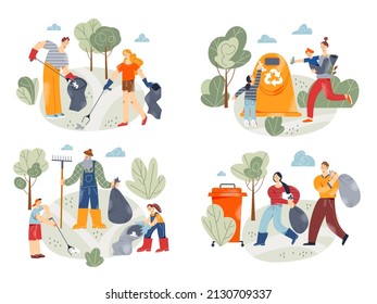People cleaning environment set, collecting garbage in containers with recycle sign vector illustration. Cartoon woman, man and kids clean parks and streets, cleanup with volunteer characters
