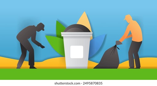 People cleaning environment trash bin paper cut style. Two figures picking up litter near a large trash bin with colorful leaves in the background