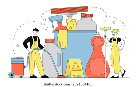 People with cleaning equipment. Man with vacuum cleaner and woman with mop near bucket with sponge and detergents. Cleanliness and hygiene, sanitary. Linear vector illustration