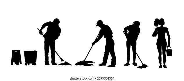 People cleaning floor silhouette set. Cleaners vector illustration