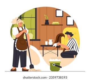 People cleaning home concept. Man and woman in uniform with broom and basket with soap. Clean and hygene. Routine and household chores. Poster or banner. Cartoon flat vector illustration