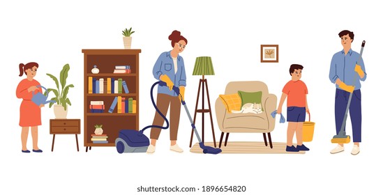 People Cleaning Home. Family Living Room, Mom Daughter Doing House Work Together. Householding, Kids Adult Housekeeping Swanky Vector Concept