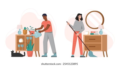 People cleaning home. Man waters plants and woman mops floor. Routine and household chores. Cleanliness and hygiene. Family with housework. Flat vector collection isolated on white background