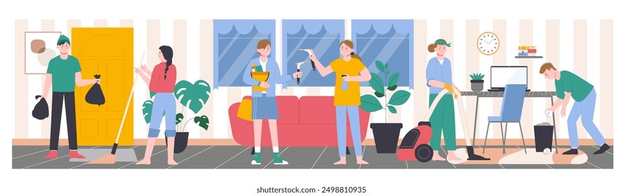 People cleaning home. Splendid vector scene