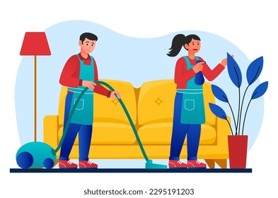 People cleaning at home. Woman and man with vacuum cleaner clean room, do household chores. Cleanliness, routine and hygiene. Janitorial service, housekeeping. Cartoon flat vector illustration