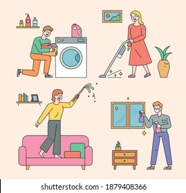 People are cleaning the house. The man who runs the washing machine. A woman running a vacuum cleaner. A woman blowing dust. The man to wipe the window. flat design style minimal vector illustration.