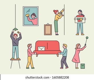 People are cleaning the house and moving furniture. People doing house interior. flat design style minimal vector illustration.