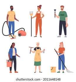 People cleaning. Housework cleaning, men and women doing chores. Washing floor and vacuuming housekeeping characters. People with buckets and mop,broom,wiper,plunger. Vector flat illustration