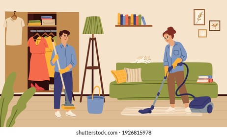 People Cleaning Living Room. Family Washing Floor And Doing Homework In Apartment. Clean Day, Man Woman In House Vector Illustration