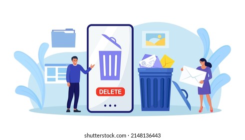 People cleaning mobile phone from trash files. Man and woman deleting documents with software. User removing folder with document, mail, spam to waste bin, cleansing cache. Vector design