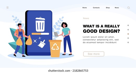 People cleaning mobile phone from trash files. Man and woman deleting documents with cleansing software flat vector illustration. Cache, spam concept for banner, website design or landing web page
