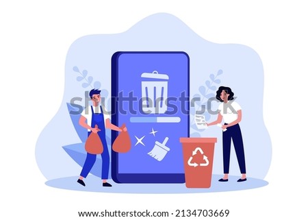 People cleaning mobile phone from trash files. Man and woman deleting documents with cleansing software flat vector illustration. Cache, spam concept for banner, website design or landing web page