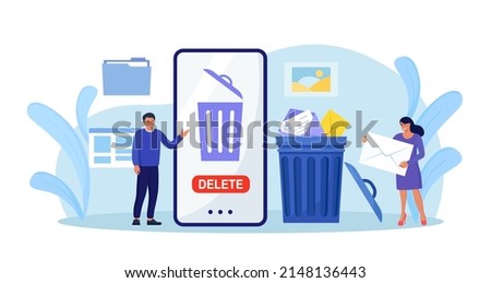 People cleaning mobile phone from trash files. Man and woman deleting documents with software. User removing folder with document, mail, spam to waste bin, cleansing cache. Vector design