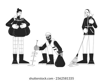 People cleaning neighborhood bw concept vector spot illustration. Helping neighbors 2D cartoon flat line monochromatic characters on white for web UI design. Editable isolated outline hero image