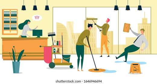 People Cleaning Office with Special Equipment Flat Cartoon Vector Illustration. Man Slipping on Floor with Water. Trolley with Broom, Detergents, Mop, Bucket. Man Cleaning Big Windows.