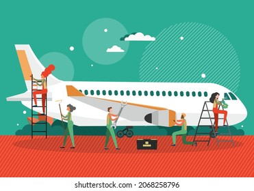 People cleaning, painting, fixing plane. Aircraft inspection before flight. Airplane maintenance, repair service, vector