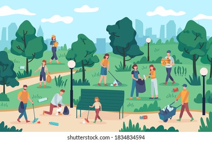 People cleaning park. Community team collecting rubbish from nature. Vector ecology volunteers protect environment from pollution. Ecology concept, rubbish and garbage collected volunteer illustration